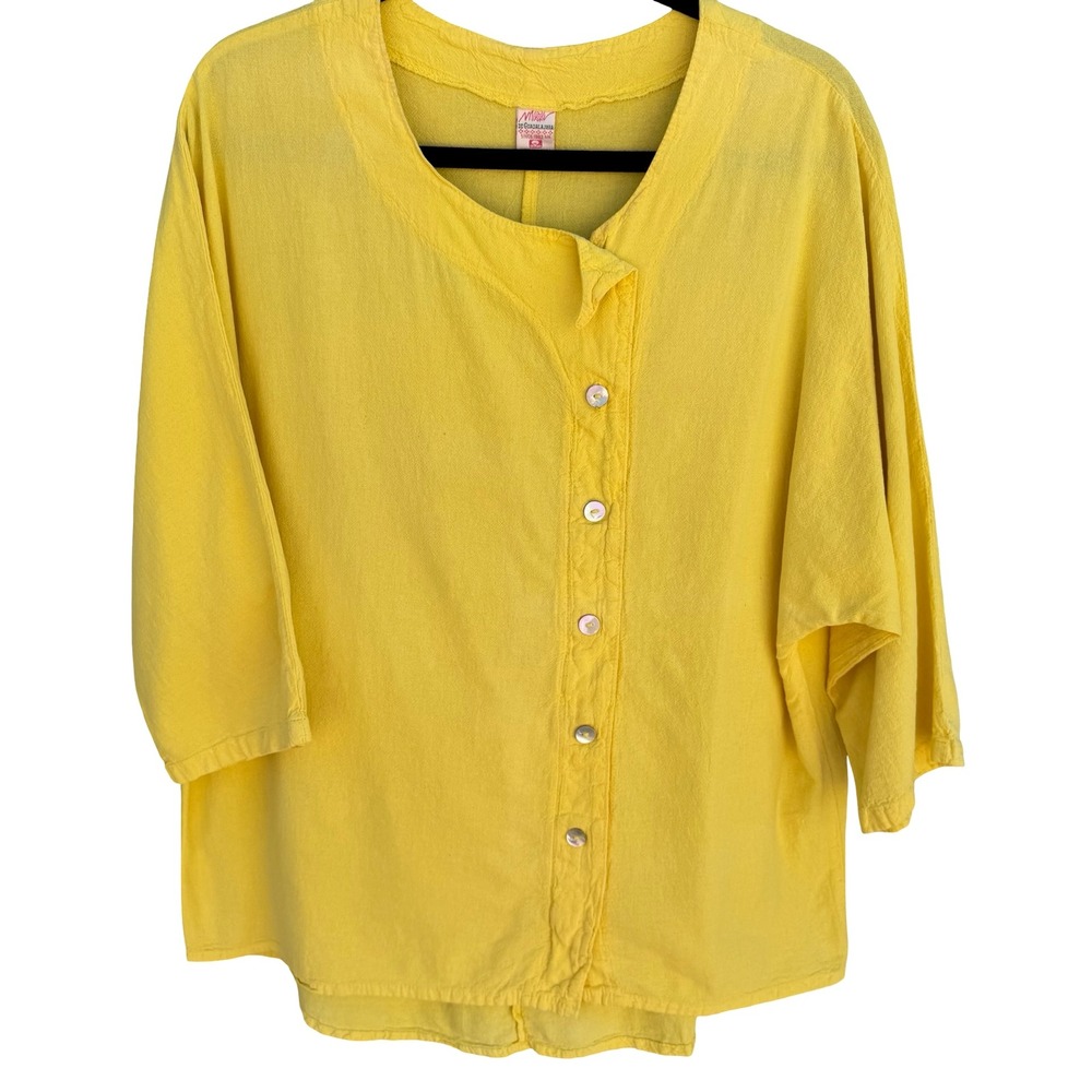 Maria de Guadalajara Vintage 80s 90s Yellow Cotton Gauze Lagenlook Button Top OS